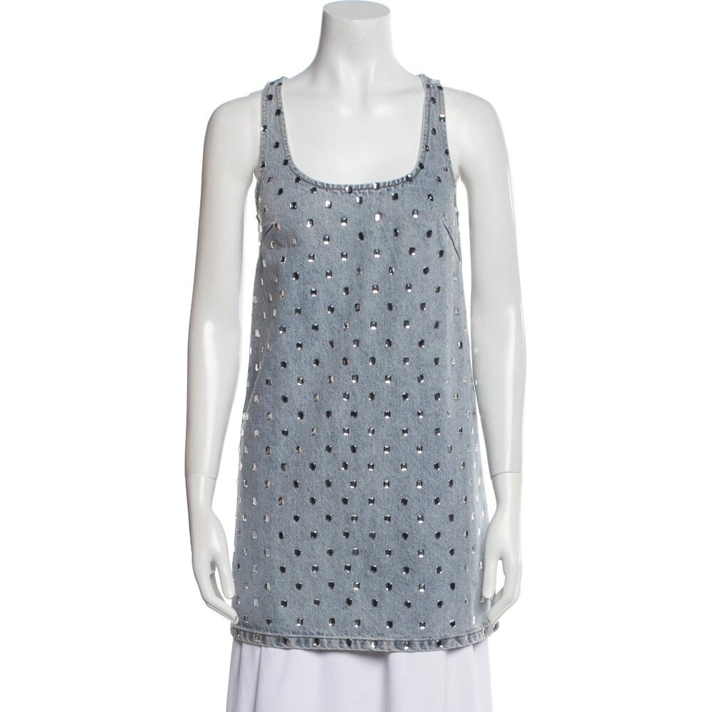 Self-Portrait Rhinestone Denim Scoop Neck Dress - US 0 / UK 4